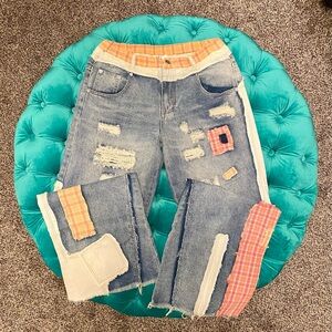 Oh Women's Patchwork Flare Jeans - Blue and Orange